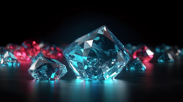 Vivid Blue and Red Gemstones on Dark Background. This image showcases a collection of sparkling blue and red gemstones against a dark backdrop, perfect for conveying concepts of luxury