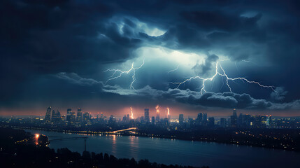 Powerful City Thunderstorm: Amidst the dark night, lightning strikes over the metropolitan skyline, creating a dynamic urban landscape filled with electric energy and atmospheric drama