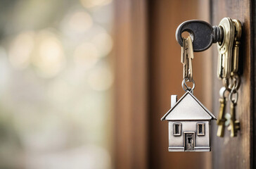 House key on a house shaped silver keyring in the lock of a door. Ai Generated