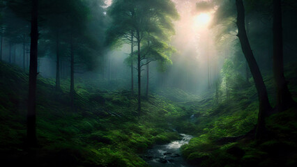 Obraz premium Beautiful green forest, dark mode tones, long exposure picture, small river. Generated AI