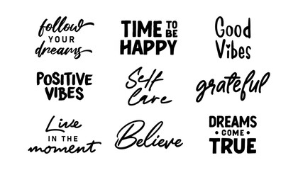 Positive thinking phrases. Motivational and inspirational quotes. Grateful, good vibes and self love.