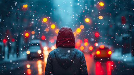 Person in red jacket stands on street with snowflakes falling around them as cars pass by.