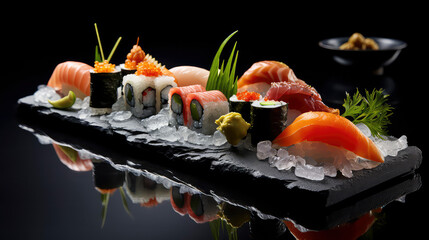 Exquisite sushi presentation in a traditional Japanese restaurant. Gourmet culinary art with fresh, delicious rolls on an elegant table setting.