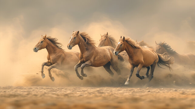 Wild horses galloping across sandy plain kicking up dust into the air, generative ai