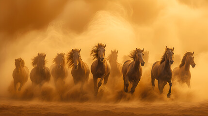 Wild horses galloping across sandy plain kicking up dust into the air, generative ai