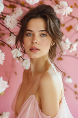 Woman with brown hair and blue eyes poses for picture in front of pink flowers on branch.