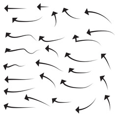 Hand drawn arrows set. Sketch arrow, curved scribble way pointed line and doodle round pointer vector set. Twisted and circular marker. Direction symbol, curly indicators pack on white background