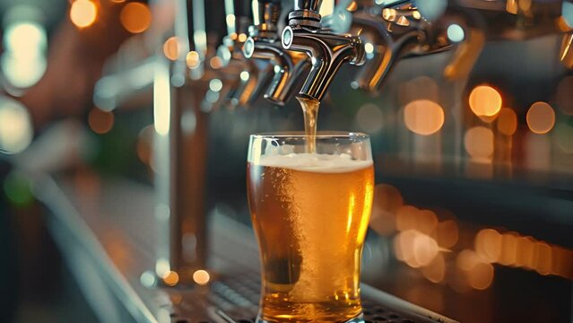 Process of pouring beer into glass on bar in pub. Close-up view of barman's filling glass with light beer. Beer craft. Bar table. Oktoberfest, party, drinks, taste and alcohol concept. Copy space 4k v