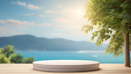 Obraz premium 3d render of white podium on wooden table with sea view background