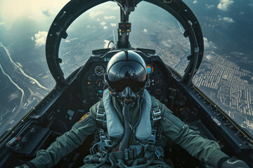 Selfie of a fighter pilot in the air. Pilot in an airplane wearing a helmet and glasses, war and air battle theme
