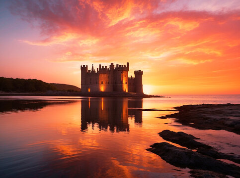 castle near the beach at sunset
