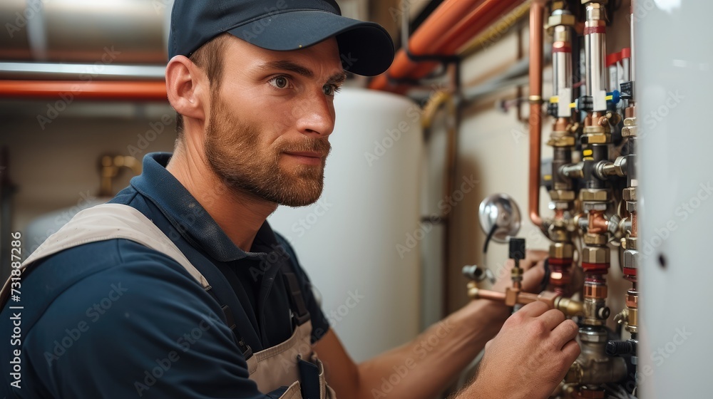 Poster a plumber installing hot water system in a house. generative ai.
