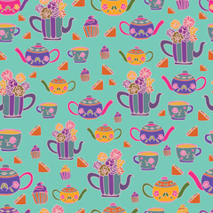 Motif vectoriel sans couture d'éléments d'une fête de thé dans un jardin, dessinés à la main, parfait pour le papier d'emballage, les cartes-cadeaux, le papier peint, la papeterie, les boîtes et sacs-