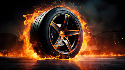 Dynamic car tyre with flames, symbolizing speed and power in the automotive industry. A vibrant burst of energy and motion on the asphalt, capturing the essence of competition and adrenaline - obrazy, fototapety, plakaty