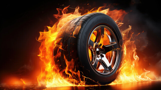 Dynamic car tyre with flames, symbolizing speed and power in the automotive industry. A vibrant burst of energy and motion on the asphalt, capturing the essence of competition and adrenaline