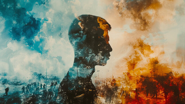 Stressed man merges with war scene, blending inner turmoil with external chaos—eerie double exposure capturing emotional impact in haunting synchrony.