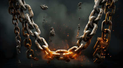 Chains heating up to break, symbolising liberation and freedom from restrictions - obrazy, fototapety, plakaty