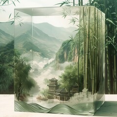 A Chinese landscape painting in a square glass container, with Mountains in the background, the crystal clear jade river, Dense bamboo forest front view,made of resin