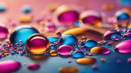 Abstract oil and water bubbles over colorful background, pink, gold and blue