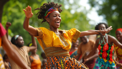 A vibrant photo showcasing a community engaged in lively African American dance, celebrating...