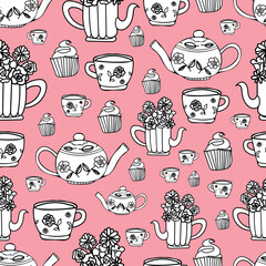 Motif vectoriel sans couture d'éléments d'une fête de thé dans un jardin, dessinés à la main, parfait pour le papier d'emballage, les cartes-cadeaux, le papier peint, la papeterie, les boîtes et sacs-