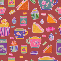 Motif vectoriel sans couture d'éléments d'une fête de thé dans un jardin, dessinés à la main, parfait pour le papier d'emballage, les cartes-cadeaux, le papier peint, la papeterie, les boîtes et sacs-