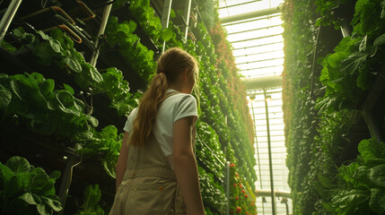 Illustration of a modern greenhouse in which a young girl works, modern agriculture, very high-quality salads and greens.