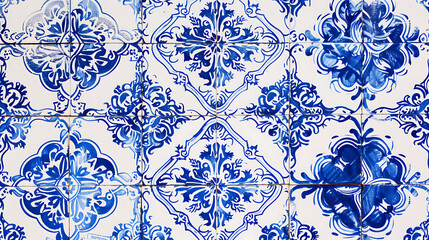 A close-up view of a traditional Portuguese tile wall, focusing exclusively on the tiles