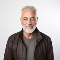 Obraz premium Portrait of a smiling older man with a leather jacket for lifestyle or fashion advertising