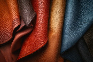 Colorful leathers in shop or tailoring background
