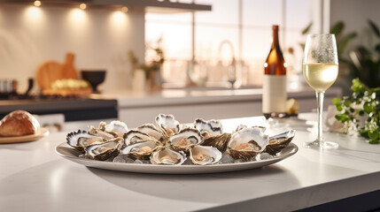  Indulgent meal with champagne and oysters on a adorned kitchen worktop. A celebration of love in a romantic, elegant setting