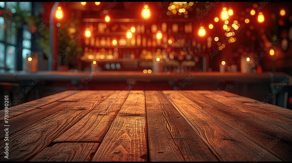 Poster a empty wooden table and a bar night club in the background. generative ai.