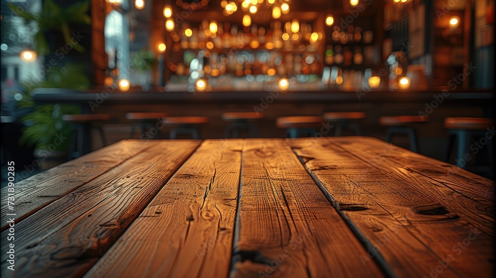 Poster a empty wooden table and a bar night club in the background. generative ai.