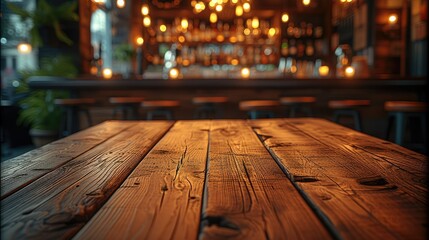 A empty wooden table and a bar Night club in the background. Generative AI.