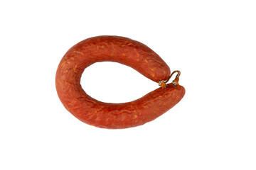 ring of semi-smoked sausage isolated on a white background top view