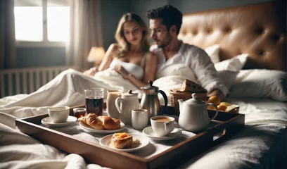 Fototapeten Junges Paar genießt romantisches Frühstück im Bett © KraPhoto