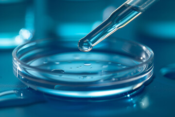 Glass chemical container and liquid dripping from a pipette on a blue background. Chemical research and laboratory theme