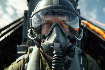 Close portrait of a fighter pilot in the airplane cabin while flying in the air. Fighter pilot in helmet and glasses
