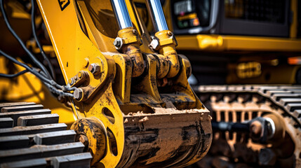 Background close up of hydraulics and arm on a yellow digger