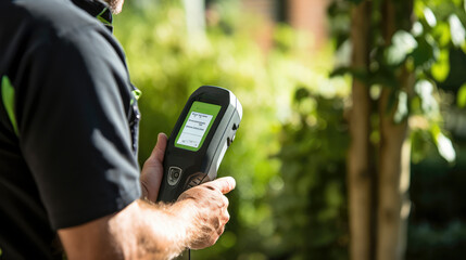 Urban pollution levels: Man at work, closely monitoring environmental metrics. Expert analysis for a greener tomorrow.