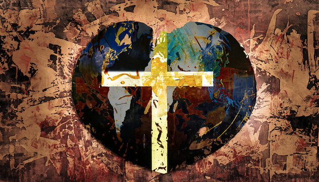 cross on heart world globe mixed media style with grungy printmaking painting effects, symbolic of missions