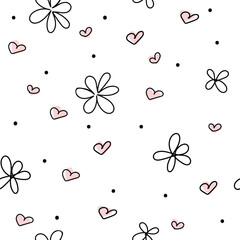 Floral graphic scribble design. Seamless pattern. Abstract minimal flower. Beautiful floral background. Vector art illustration for textile, wallpaper. Hand-drawn with a black brush.