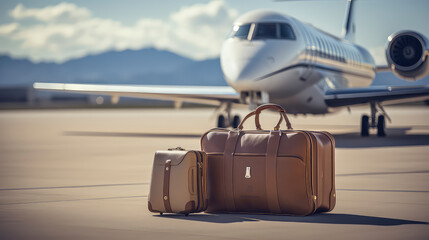 Luxury suitcases in front of private jet on hard standing at airport