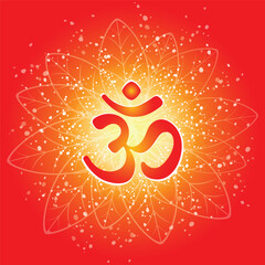Om or Aum Indian sacred sound. The symbol of the divine triad of Brahma, Vishnu and Shiva. The sign of the ancient mantra. Om sign in shiny galactic space. Sun. Sunburst Pattern. - obrazy, fototapety, plakaty