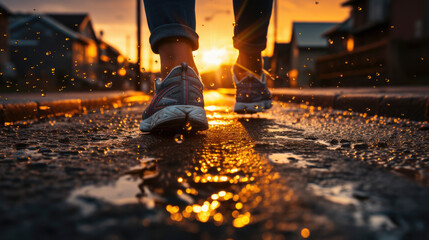 Active urban lifestyle: Walkers' shoes move towards the sunset on a suburban street. Fitness and well-being in the city glow.