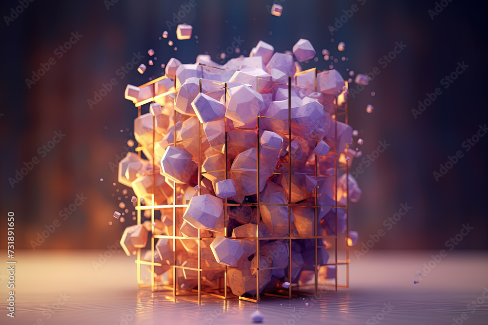 Poster Ethereal geometric sculpture with a cube shape. Shiny crystal cube structure with vibrant colors in vaporwave and y2k style