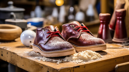 Shoes in traditional cobblers. Vintage workshop.  The essence of artisanal expertise and quality in shoemaking