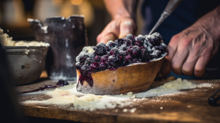 Home cooking. Close-up of a black currant pie being made in rustic kitchen - obrazy, fototapety, plakaty