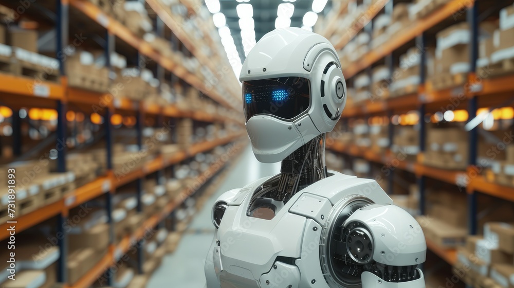 Aufkleber robot in the warehouse, artificial intelligence, supply chain future, data, tech. generative ai.