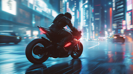 Action shot with man riding a bike in futuristic cyberpunk city. Dynamic scene with motorcycle ride in action movie blockbuster style